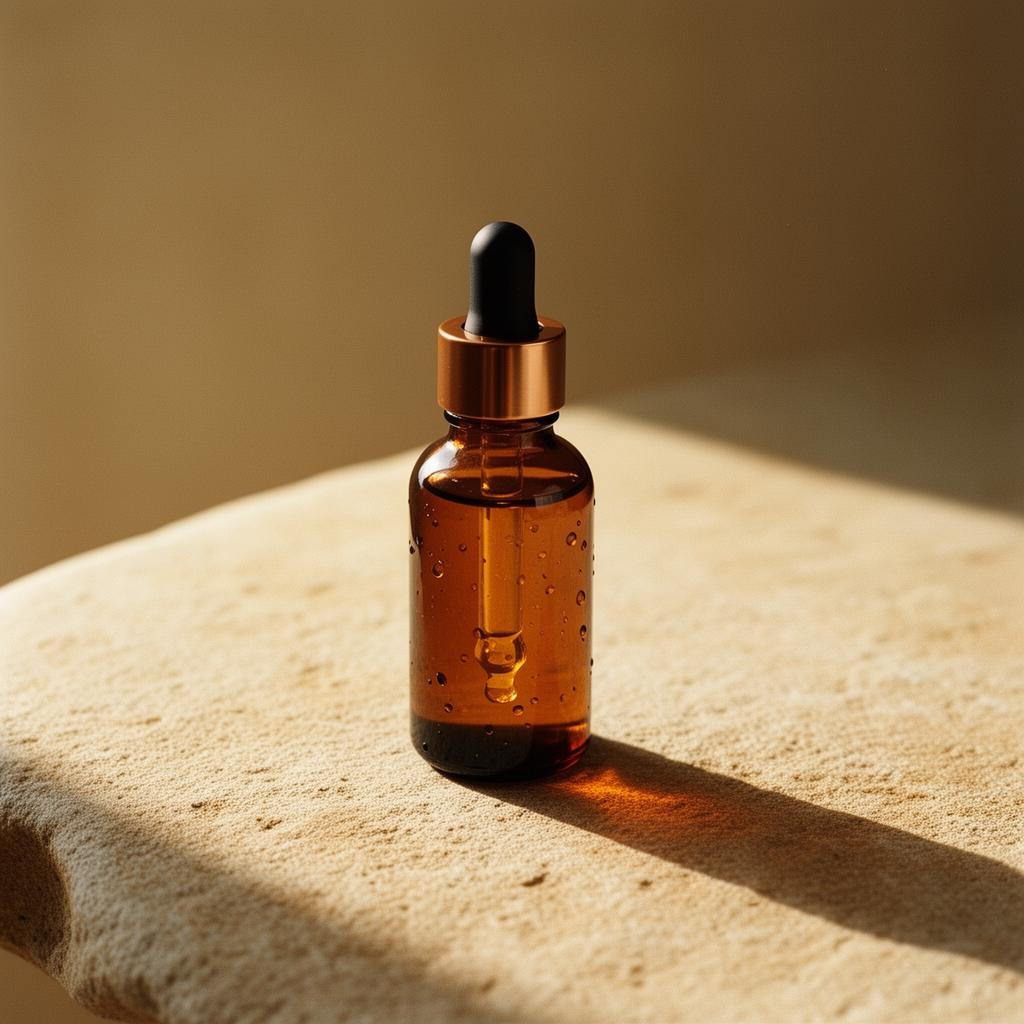 Celavelle amber serum bottle on warm beige stone